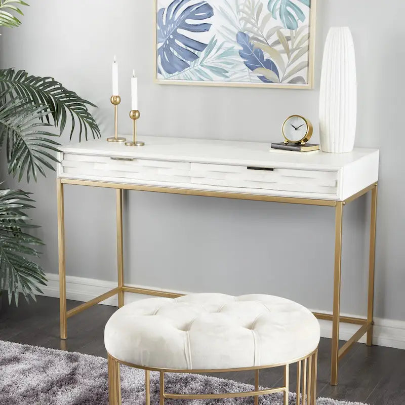 2-Drawer Console Table with Gold Metal Frame - White