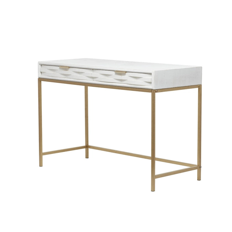 2-Drawer Console Table with Gold Metal Frame - White