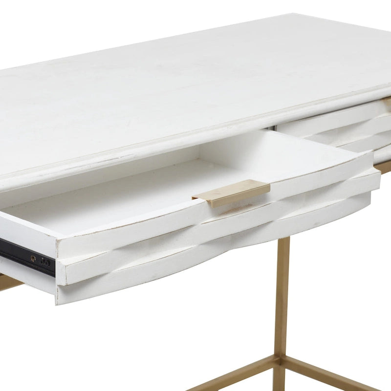 2-Drawer Console Table with Gold Metal Frame - White