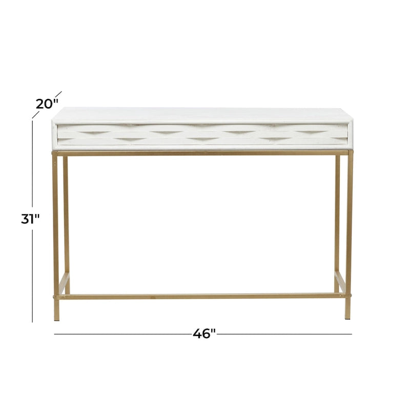 2-Drawer Console Table with Gold Metal Frame - White