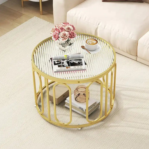 2-Tier 24" Round Coffee Table w/ Swivel Brackets & Reeded Glass