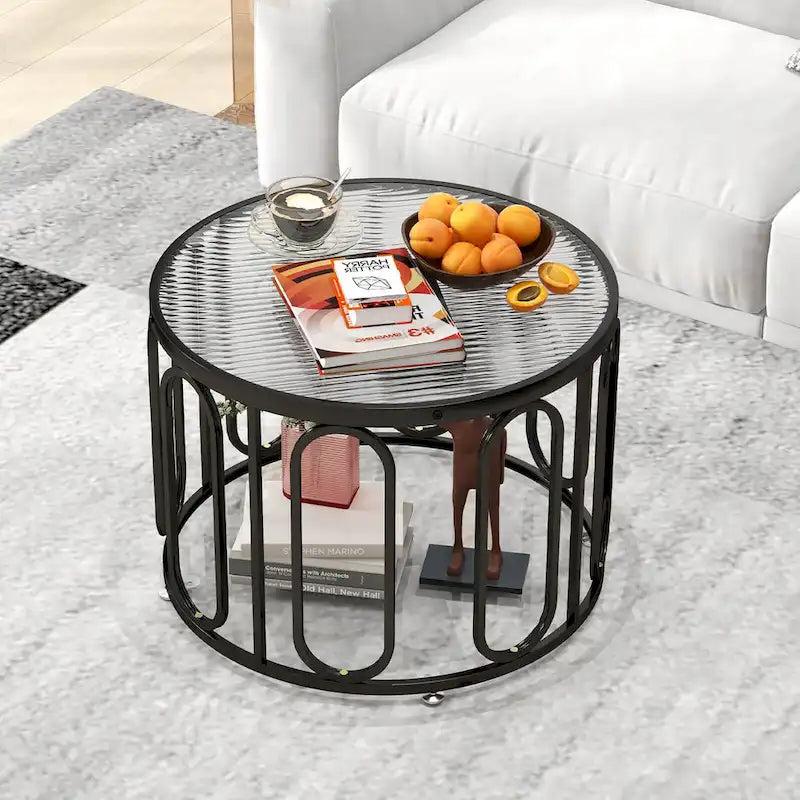 2-Tier 24" Round Coffee Table w/ Swivel Brackets & Reeded Glass