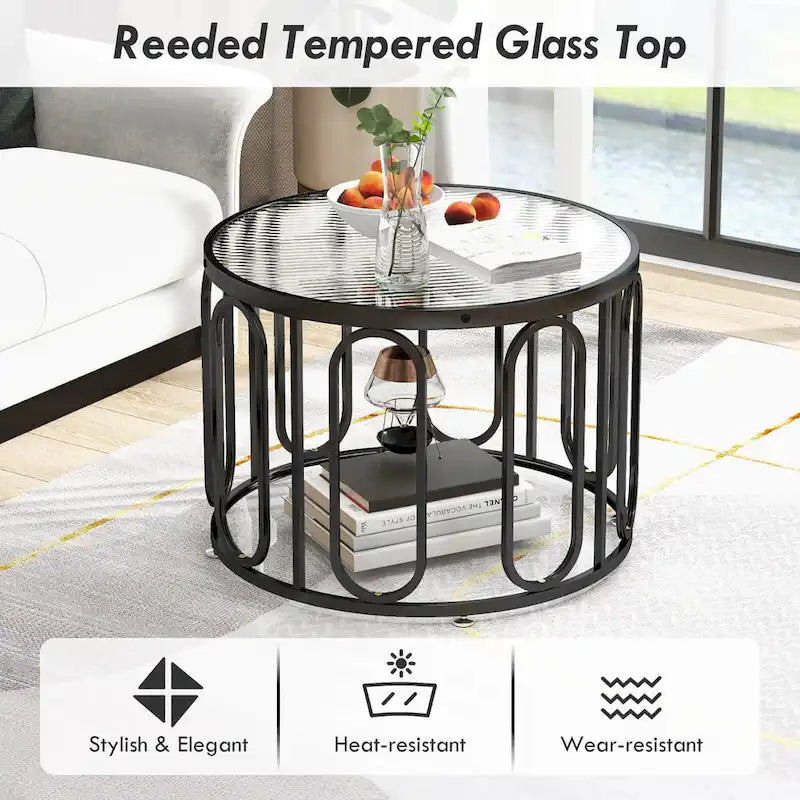 2-Tier 24" Round Coffee Table w/ Swivel Brackets & Reeded Glass