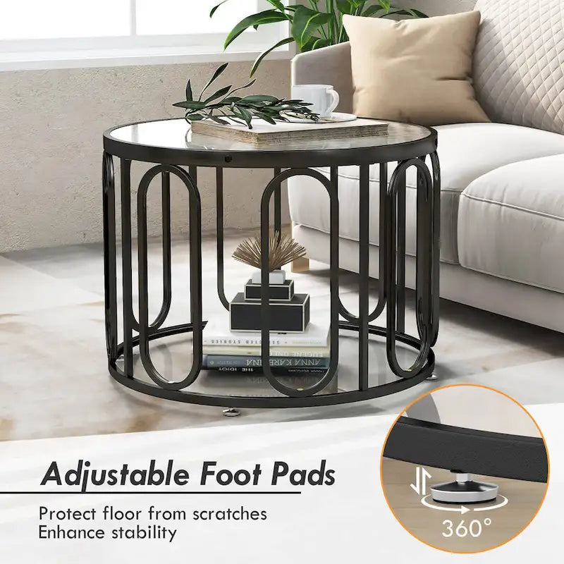 2-Tier 24" Round Coffee Table w/ Swivel Brackets & Reeded Glass