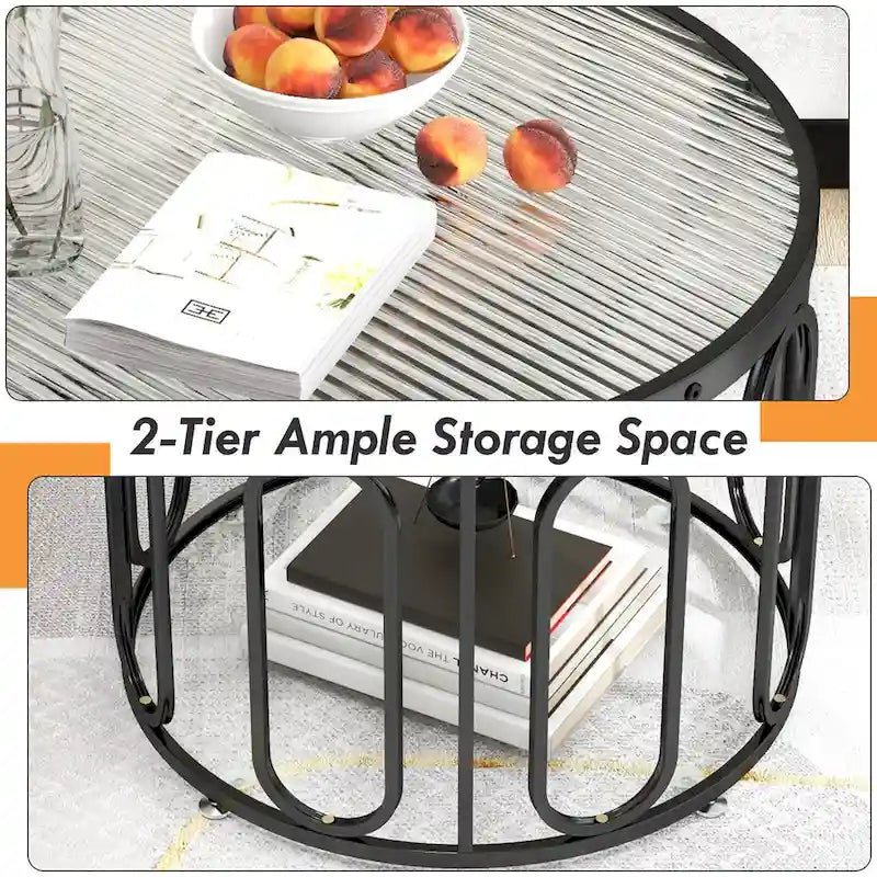 2-Tier 24" Round Coffee Table w/ Swivel Brackets & Reeded Glass