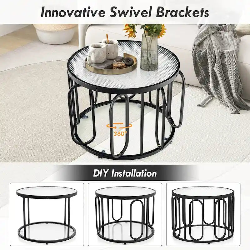 2-Tier 24" Round Coffee Table w/ Swivel Brackets & Reeded Glass