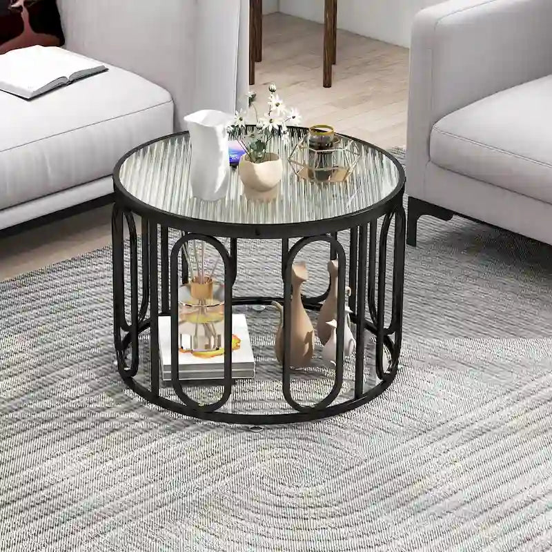 2-Tier 24" Round Coffee Table w/ Swivel Brackets & Reeded Glass