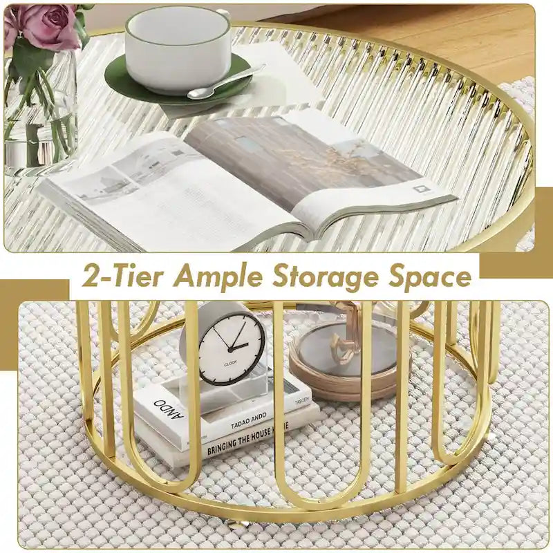 2-Tier 24" Round Coffee Table w/ Swivel Brackets & Reeded Glass