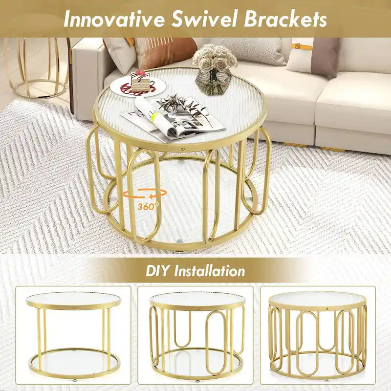 2-Tier 24" Round Coffee Table w/ Swivel Brackets & Reeded Glass