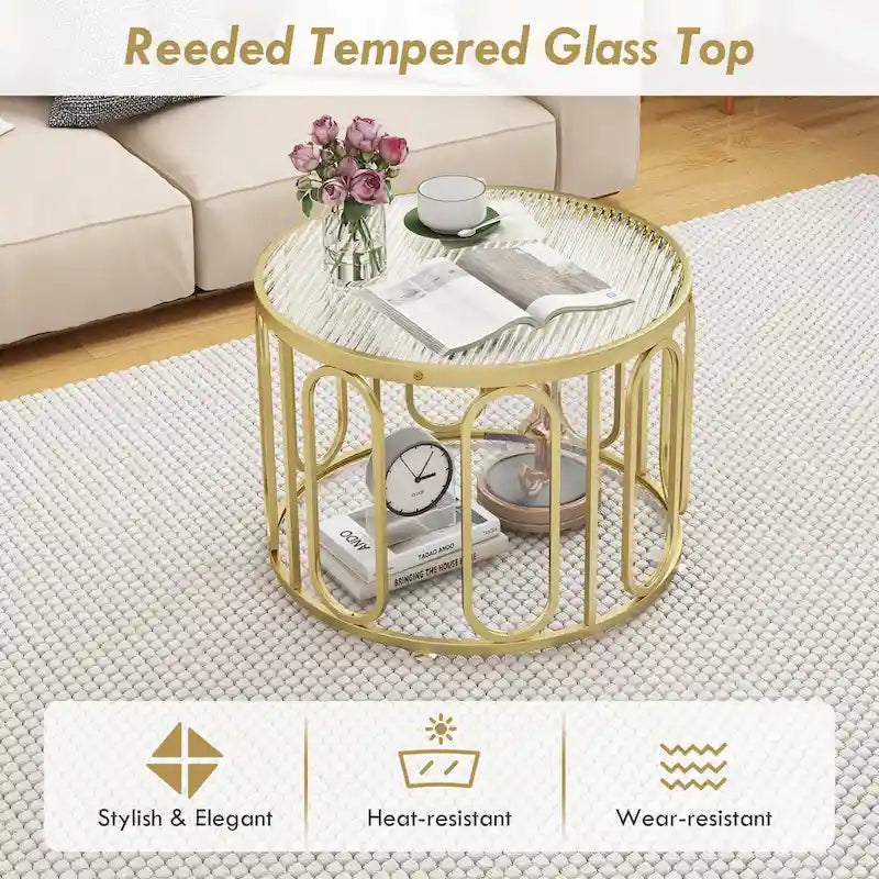 2-Tier 24" Round Coffee Table w/ Swivel Brackets & Reeded Glass