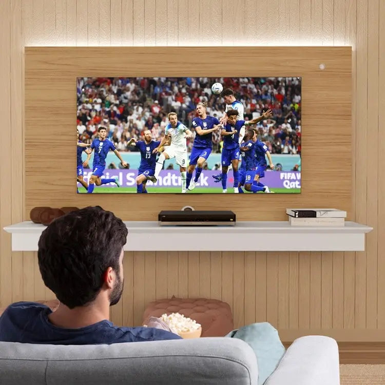 Plovoucí TV stolek pro televize do 55 palců – Nástěnný zábavní centrum s LED páskem a policí