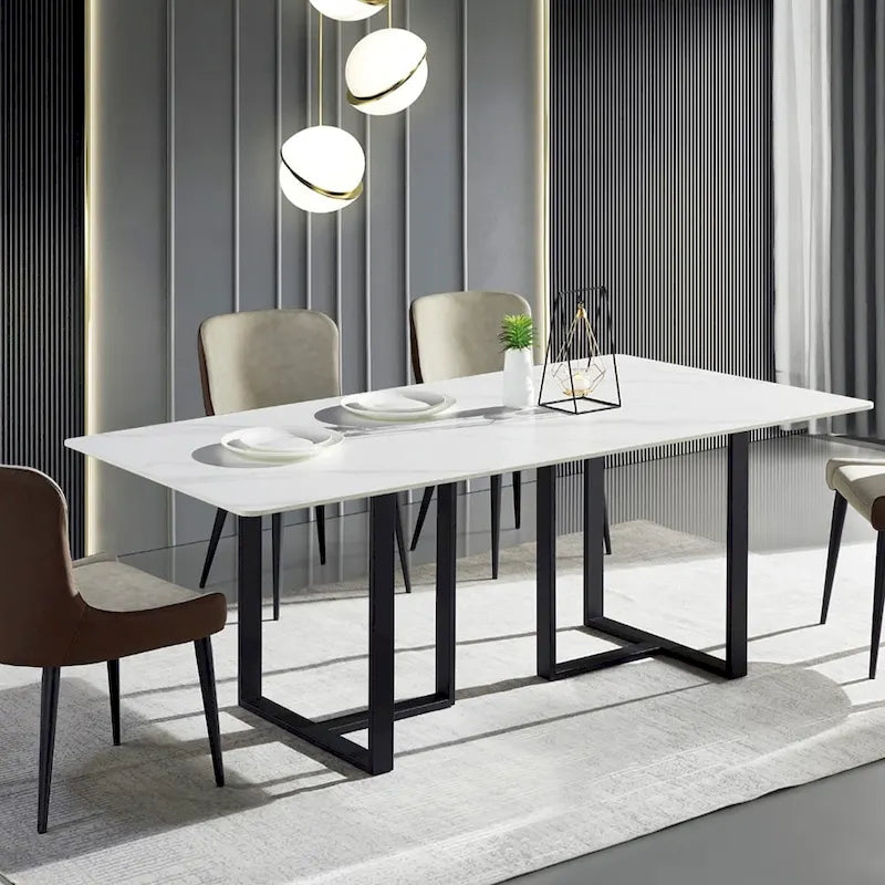 63 Moderní a minimalistický obdélníkový kamenný jídelní stůl, černý kovový rám
