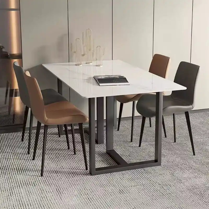 63 Moderní a minimalistický obdélníkový kamenný jídelní stůl, černý kovový rám