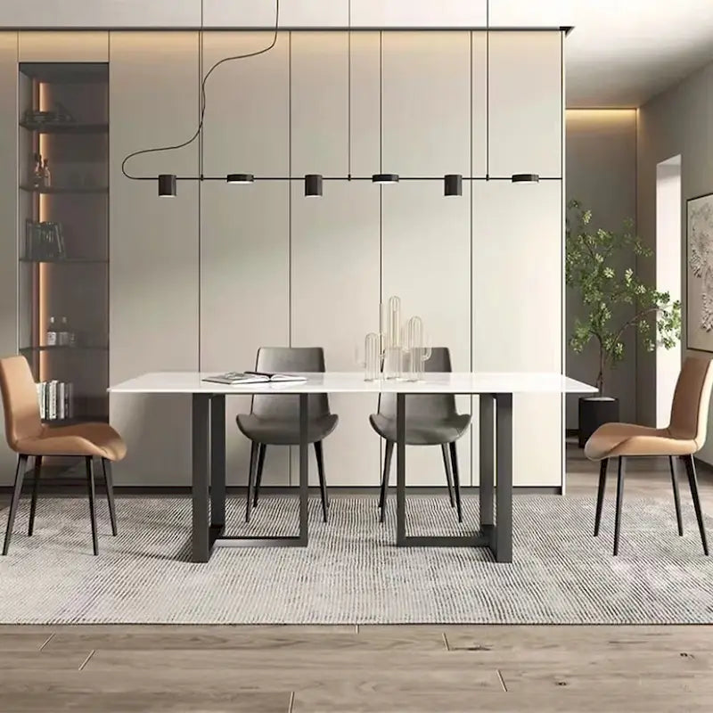 63 Moderní a minimalistický obdélníkový kamenný jídelní stůl, černý kovový rám