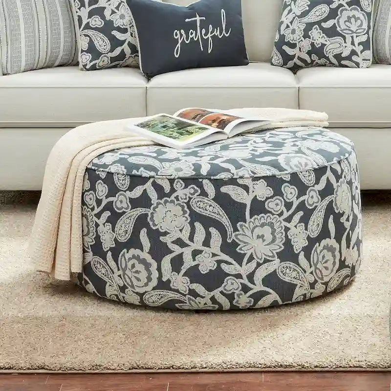Chestnut Transitional Round Ivory Chenille Cocktail Ottoman by Furniture of America
