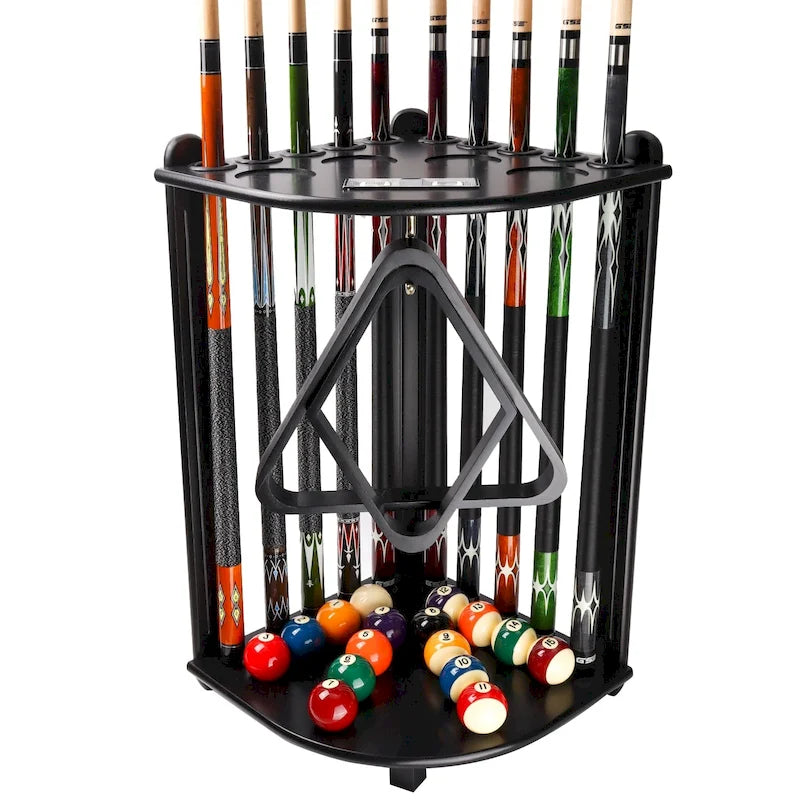 10-Pool Cue Wooden Corner-Style Billiard Rack with Cup Holders