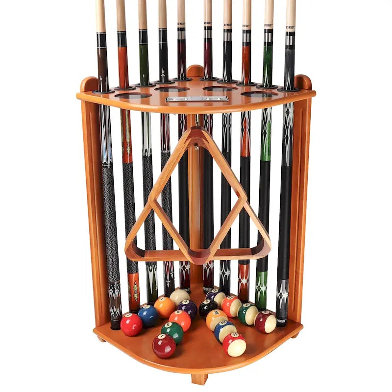 Dřevěný rohový kulečníkový stojan na 10 tág s držáky na poháry