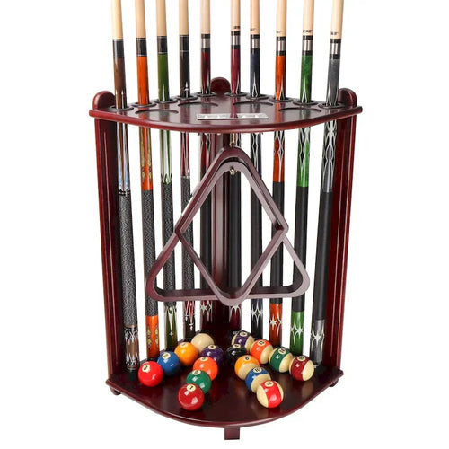 10-Pool Cue Wooden Corner-Style Billiard Rack with Cup Holders