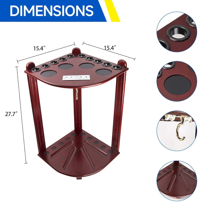 10-Pool Cue Wooden Corner-Style Billiard Rack with Cup Holders