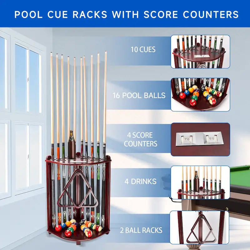 10-Pool Cue Wooden Corner-Style Billiard Rack with Cup Holders