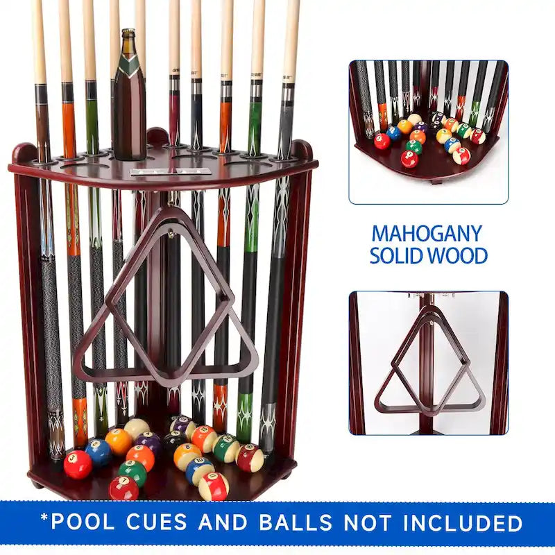 10-Pool Cue Wooden Corner-Style Billiard Rack with Cup Holders