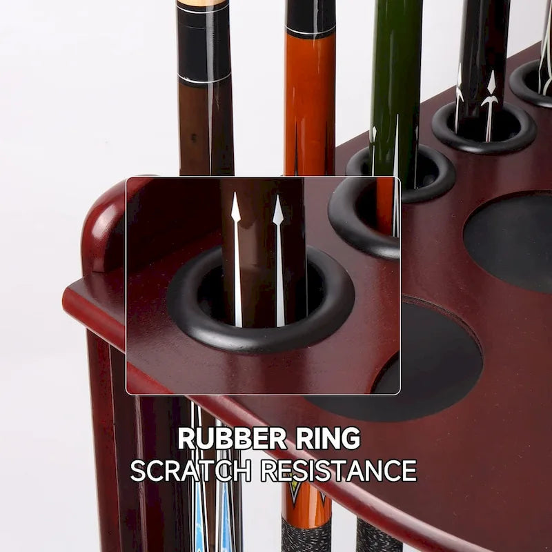10-Pool Cue Wooden Corner-Style Billiard Rack with Cup Holders