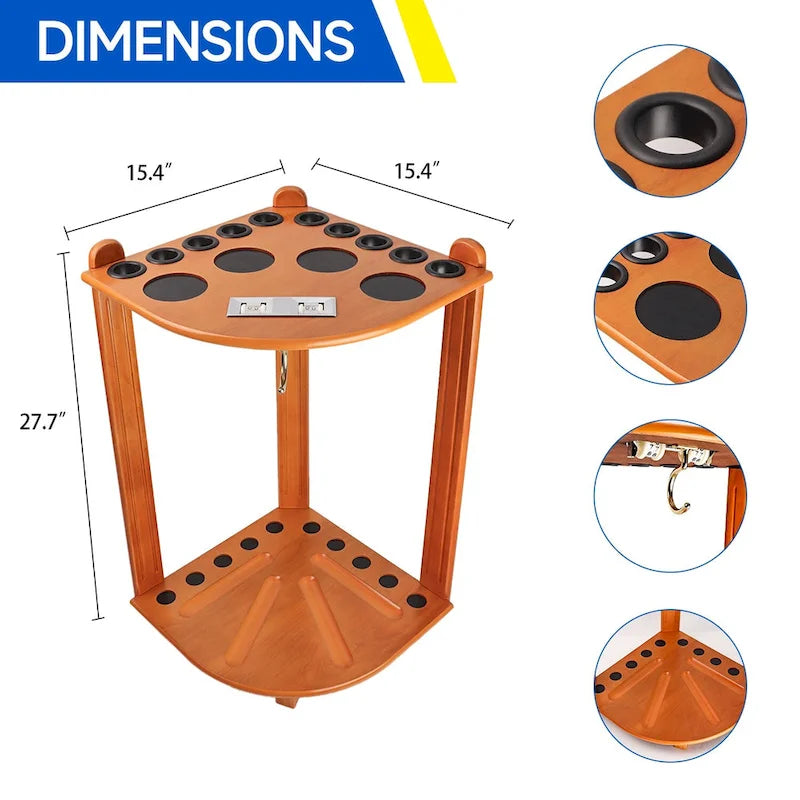 10-Pool Cue Wooden Corner-Style Billiard Rack with Cup Holders