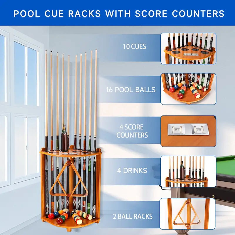 10-Pool Cue Wooden Corner-Style Billiard Rack with Cup Holders