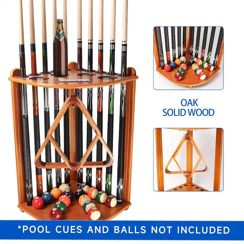 10-Pool Cue Wooden Corner-Style Billiard Rack with Cup Holders