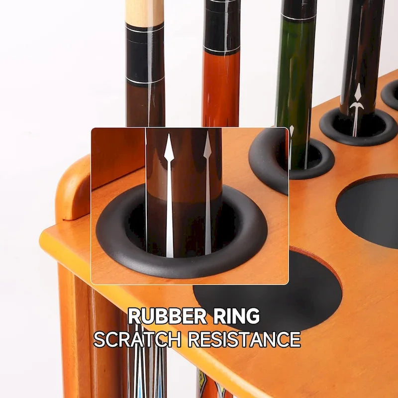 10-Pool Cue Wooden Corner-Style Billiard Rack with Cup Holders
