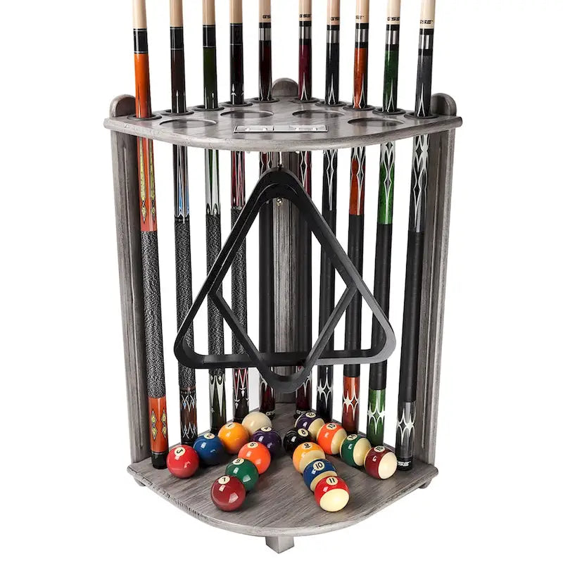 10-Pool Cue Wooden Corner-Style Billiard Rack with Cup Holders