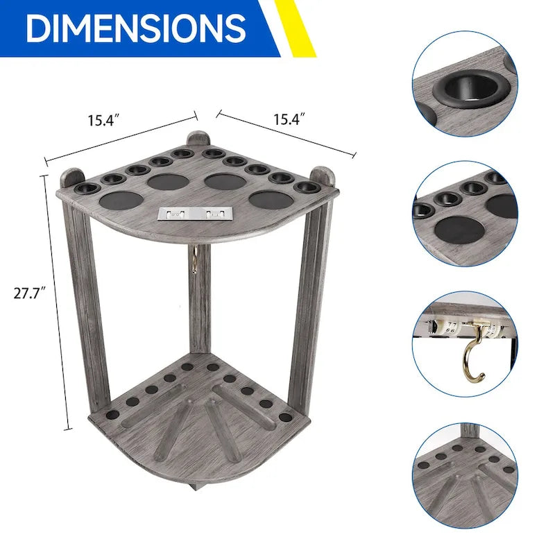 10-Pool Cue Wooden Corner-Style Billiard Rack with Cup Holders