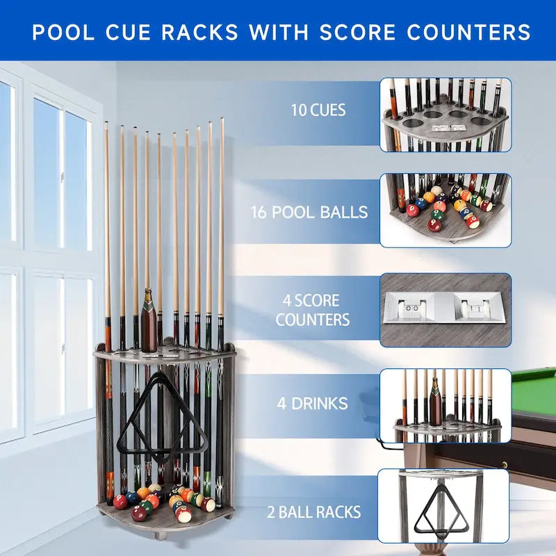 10-Pool Cue Wooden Corner-Style Billiard Rack with Cup Holders