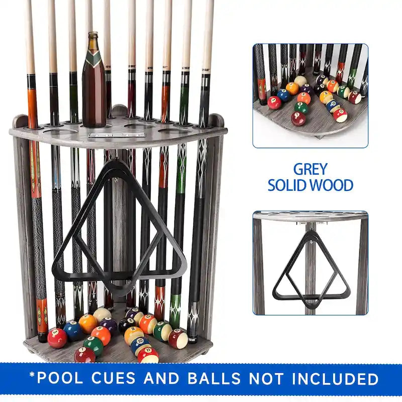 10-Pool Cue Wooden Corner-Style Billiard Rack with Cup Holders