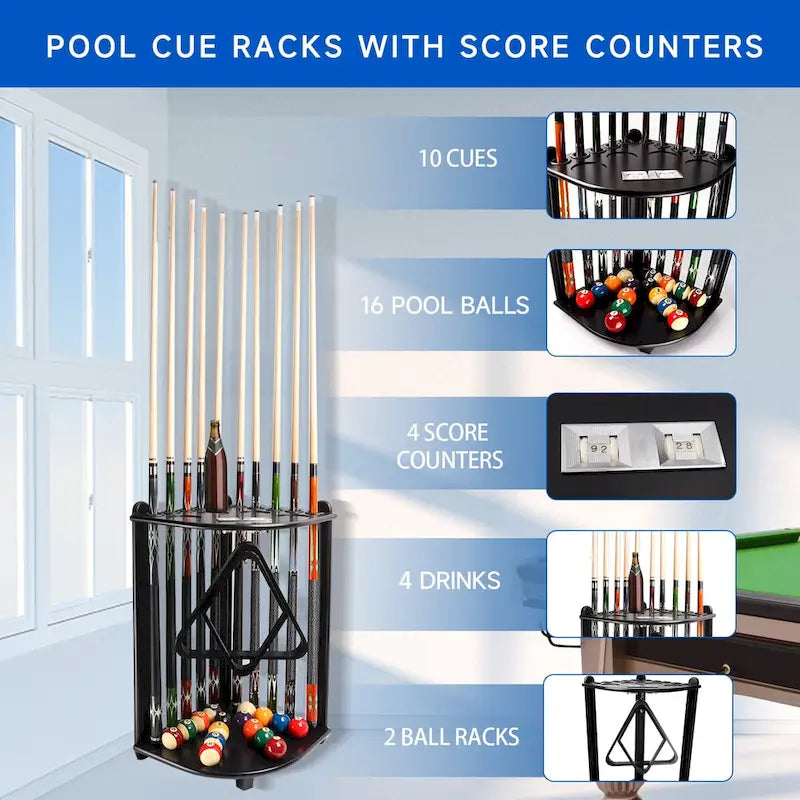 10-Pool Cue Wooden Corner-Style Billiard Rack with Cup Holders