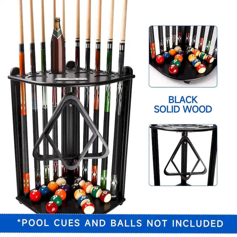 10-Pool Cue Wooden Corner-Style Billiard Rack with Cup Holders