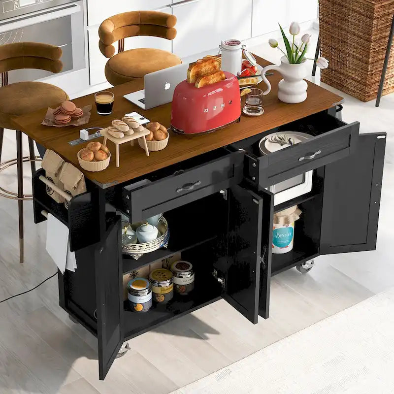 53,5" kuchyňský ostrůvek ve stylu Farmhouse se zásuvkou, skládací deskou a zásuvkami