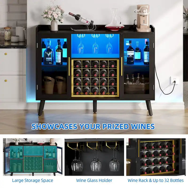 53 Wine Bar Cabinet Coffee Bar Cabinet for Liquor and Glasses with Led Lights & Power Outlets